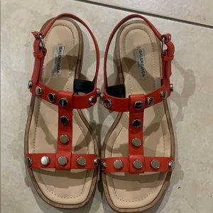 BALENCIAGA AMP STUD CORAL/ORANGE LEATHER SANDALS